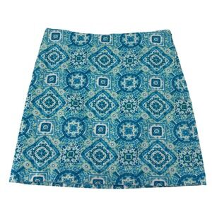 Talbots Petite 8P Blue Green Geometric Tile Print A-Line Mini Skirt Cotton Blend
